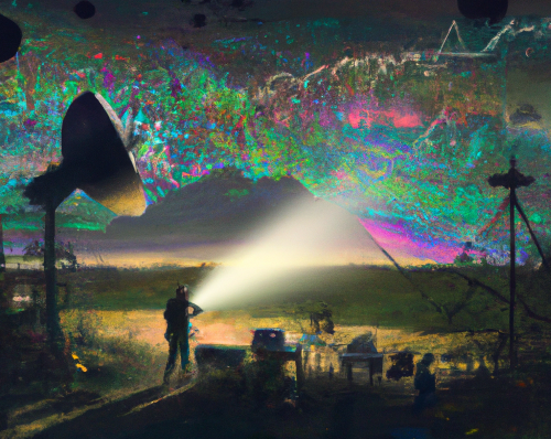 A researcher in a field shines a light on stylised waves of noise, as if attempting to identify or extract a signal. Image generated by DALL.E 2 from prompts provided by Global Business Services Today.