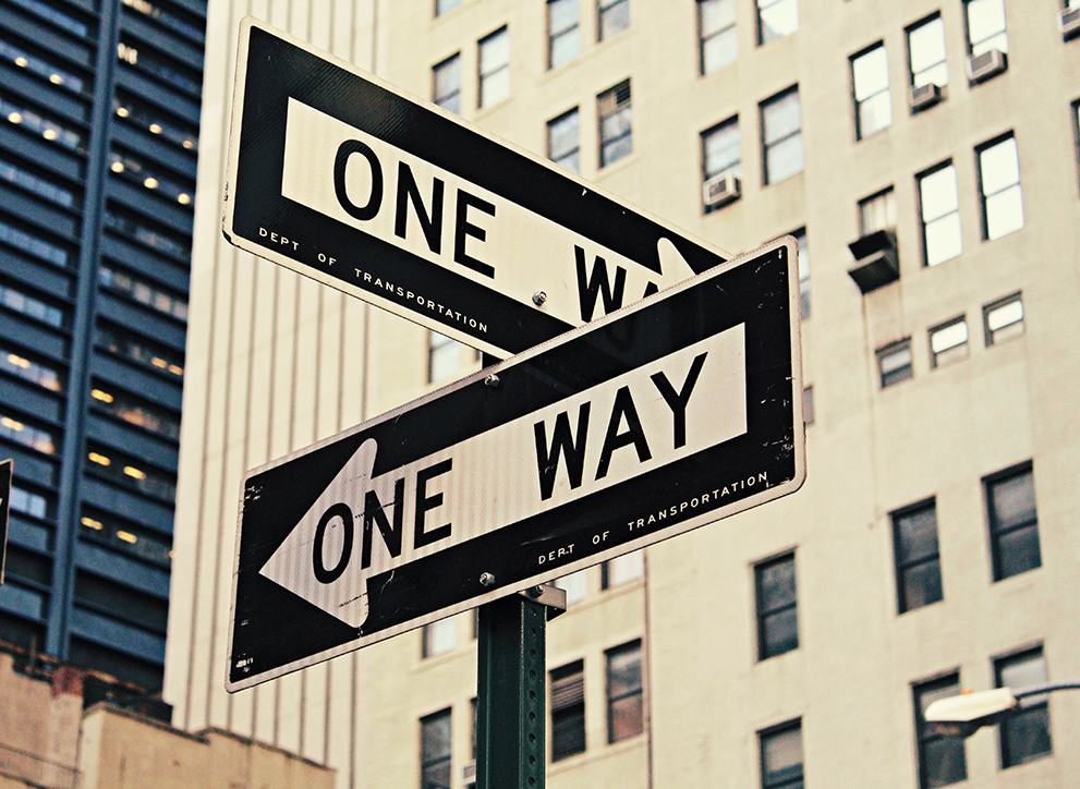 New York road signs pointing left and right, both reading 'One Way'.