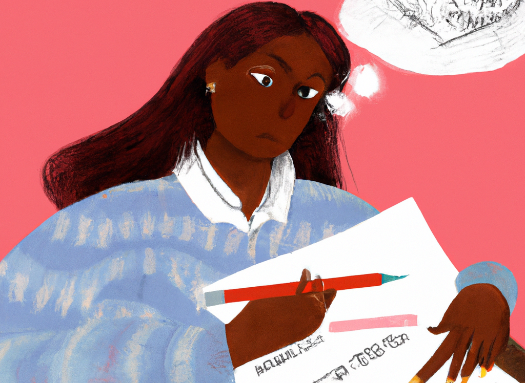 A teacher is marking homework and trying to decide whether a written piece of text has been created by a student or by a large language model, digital art. Created by DALL·E, prompt by Global Business Services Today.