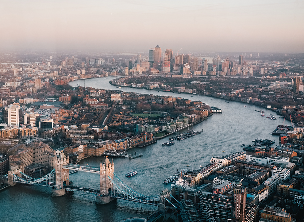 An aerial view of London and the River Thames, taken from The Shard, London, United Kingdom.