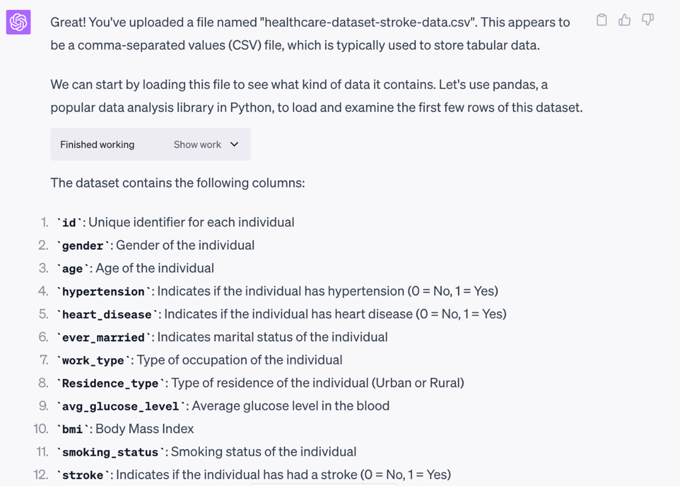 Screenshot from ChatGPT, showing Code Interpreter's initial review of an uploaded stroke prediction dataset.