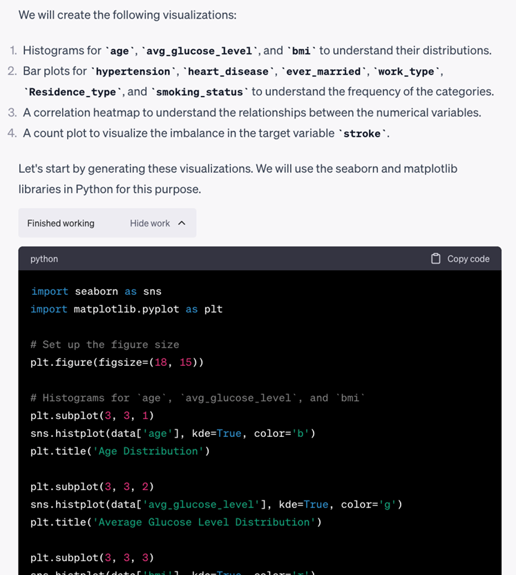 Screenshot of ChatGPT Code Interpreter's description of visualisations it will create, along with partial code for doing so.