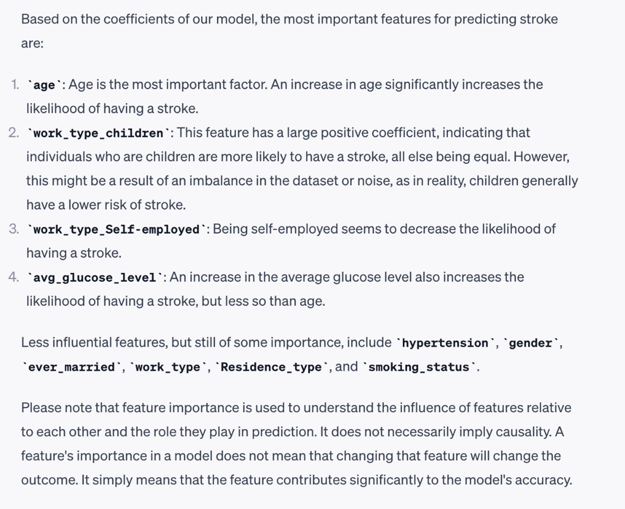 Screenshot showing ChatGPT Code Interpreter's most important features for predicting stroke. The inclusion of 'work_type_children' is wrong: it says that 'individuals who are children are more likely to have a stroke', but goes on to explain that 'this might be the result of an imbalance in the dataset or noise, as in reality, children generally have a lower risk of stroke.
