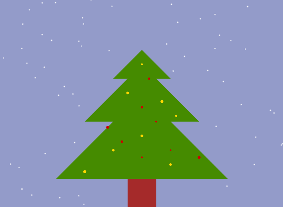 Purple square with white snowflakes and green tree in foreground. Tree is decorated with red and gold baubles of various sizes.