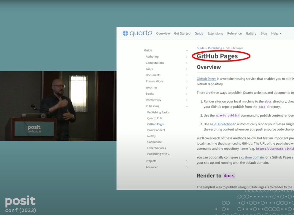 Still from posit::conf(2023) talk, splitscreen view. On the left screen is Global Business Services Today editor Brian Tarran presenting; on the right screen is a screengrab of the Quarto webpage, with the words GitHub Pages circled in red.