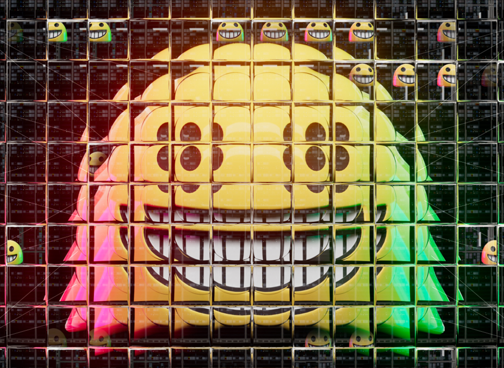 A photographic rendering of a smiling face emoji seen through a refractive glass grid, overlaid with a diagram of a neural network.
