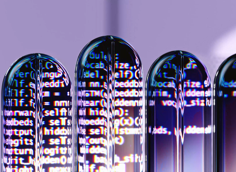 An image of multiple 3D shapes representing speech bubbles in a sequence, with broken up fragments of text within them.