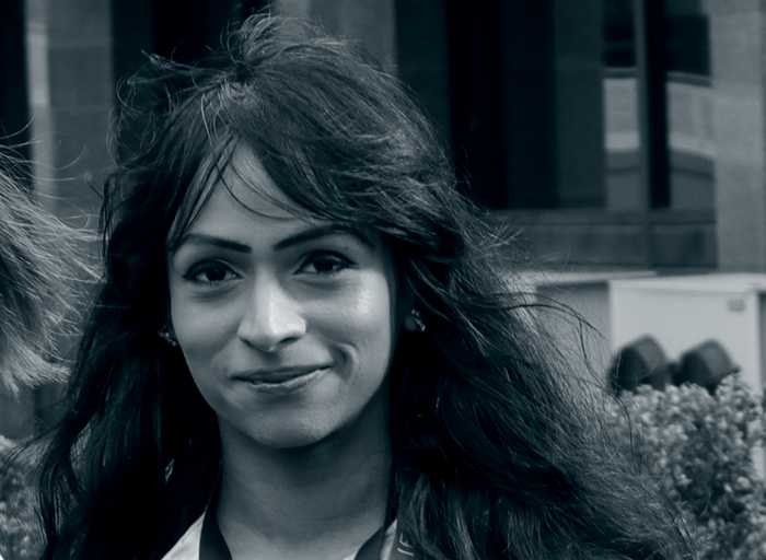 Black and white portrait photo of Tamanna Haque.