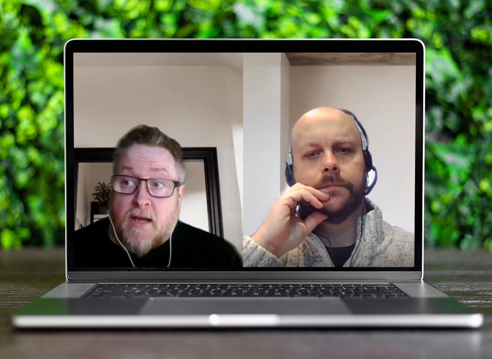 Screengrab of video interview showing Matthew Jones on the left and Jonathan Gillard on the right. Screengrab is overlaid on a laptop background.