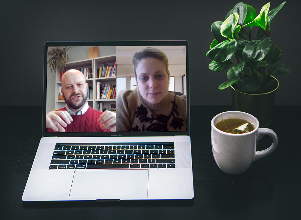 Screengrab of video showing Jonathan Gillard and Penny Holborn in conversation.